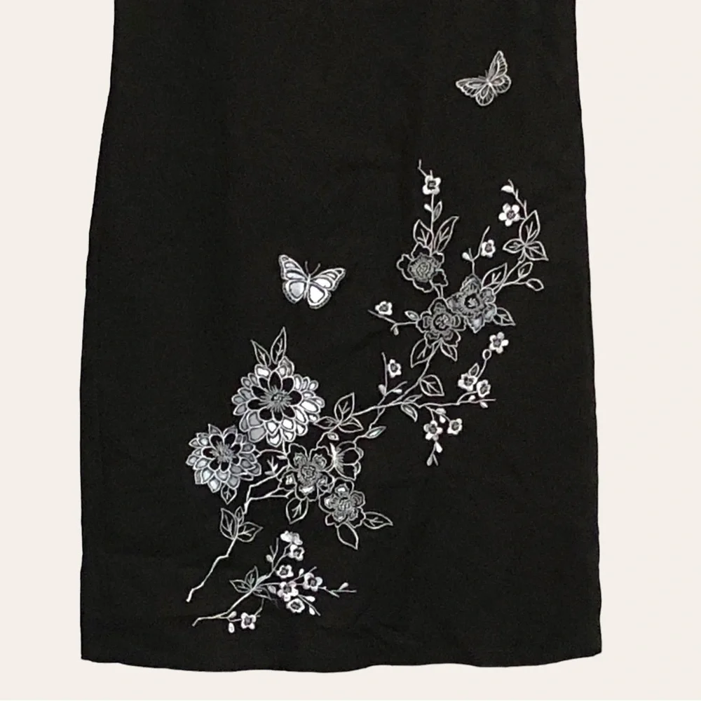 Women’s Linen Blend Classic Black Dress Embroidery Short Sleeve Lined Si… - Picture 3 of 9